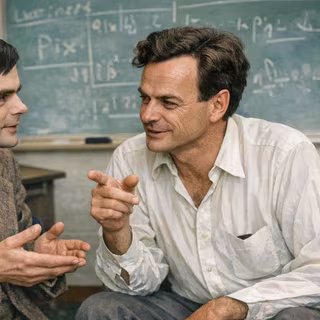 Une photo imaginaire réalisée par l'IA Bing représentant Alan Turing, à gauche, et Richard Feynman, à droite. Le premier est à l'origine de travaux fondamentaux sur les ordinateurs classiques et le second sur les ordinateurs quantiques. © Bing
